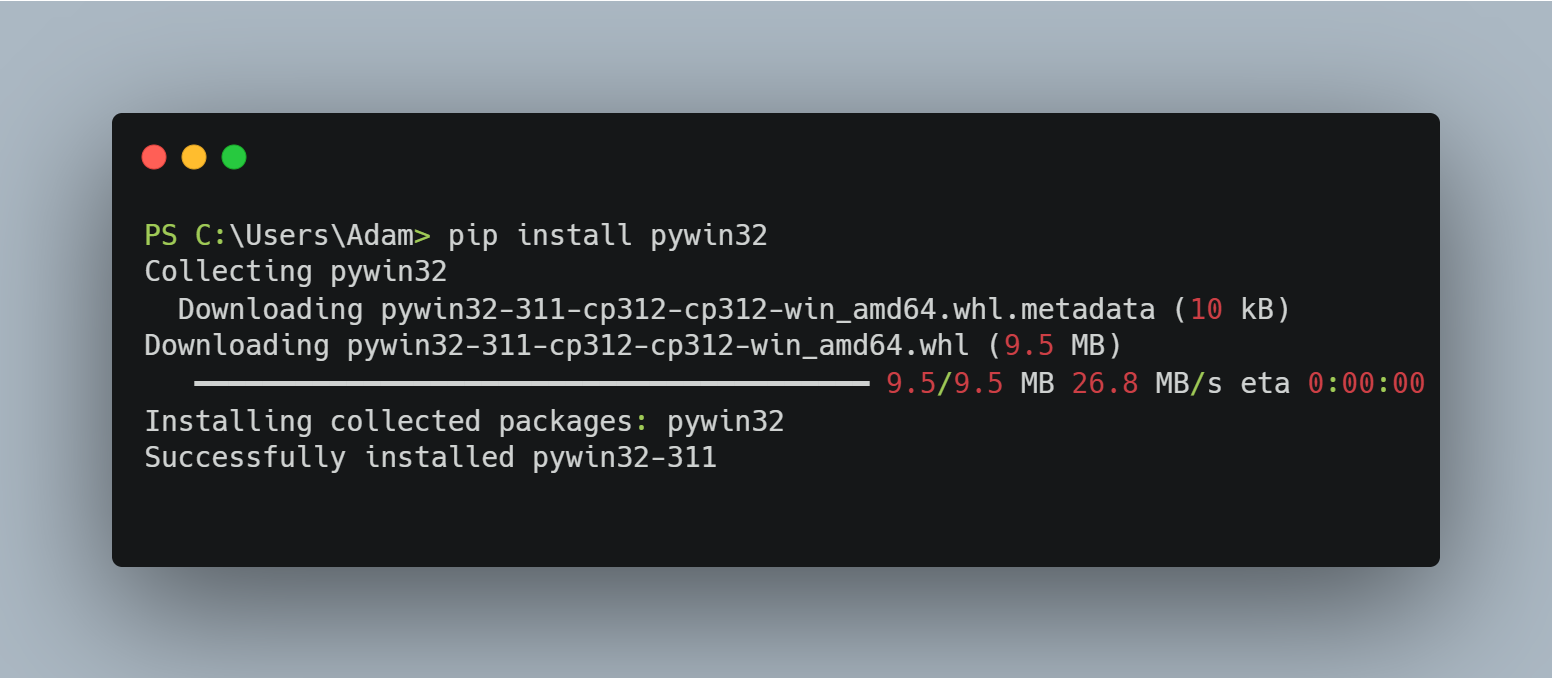 Screenshot of installing pywin32