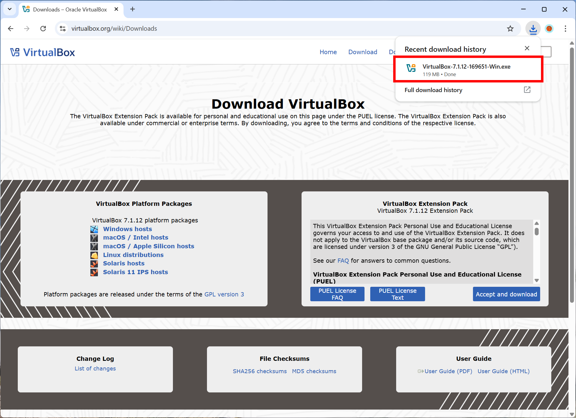 Screenshot of running the installer